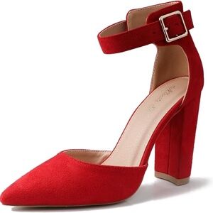 NinetinGel Red Faux Suede Point Toe Tall Chunky Heel Ankle Strap Pumps Size 10